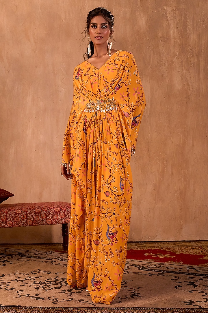 Yellow Crepe Floral Printed Draped Kaftan by Mehak Murpana at Pernia's Pop Up Shop