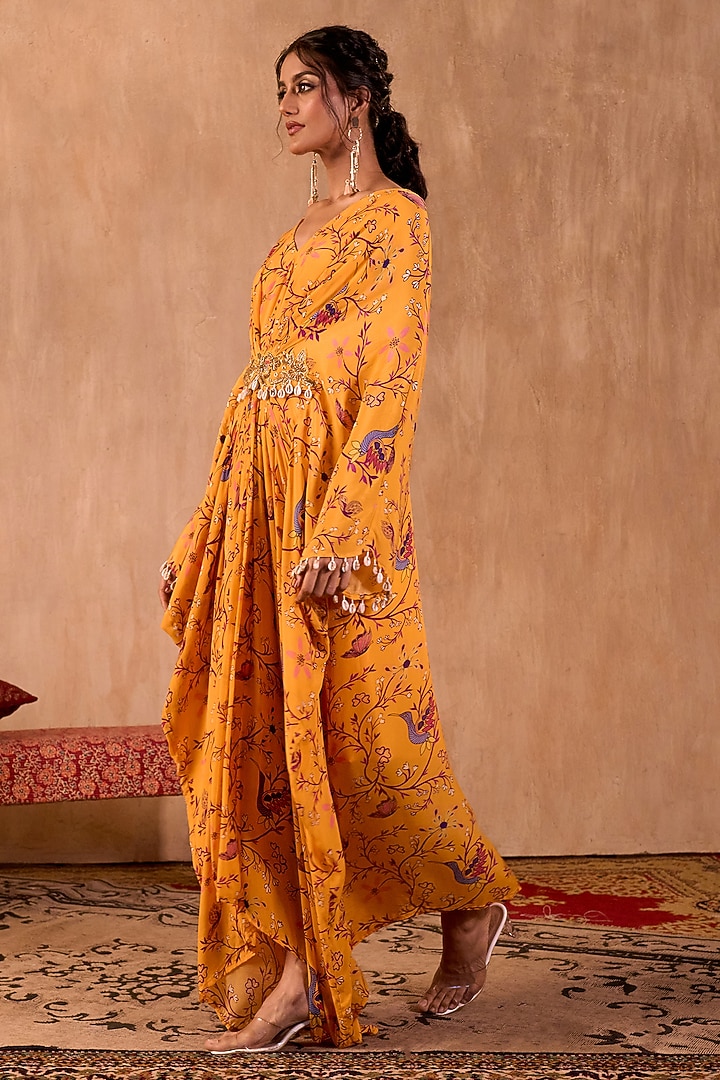 Yellow Crepe Floral Printed Draped Kaftan by Mehak Murpana at Pernia's Pop Up Shop