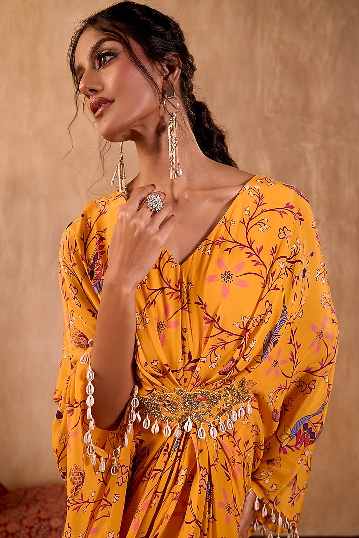 Yellow Crepe Floral Printed Draped Kaftan by Mehak Murpana at Pernia's Pop Up Shop