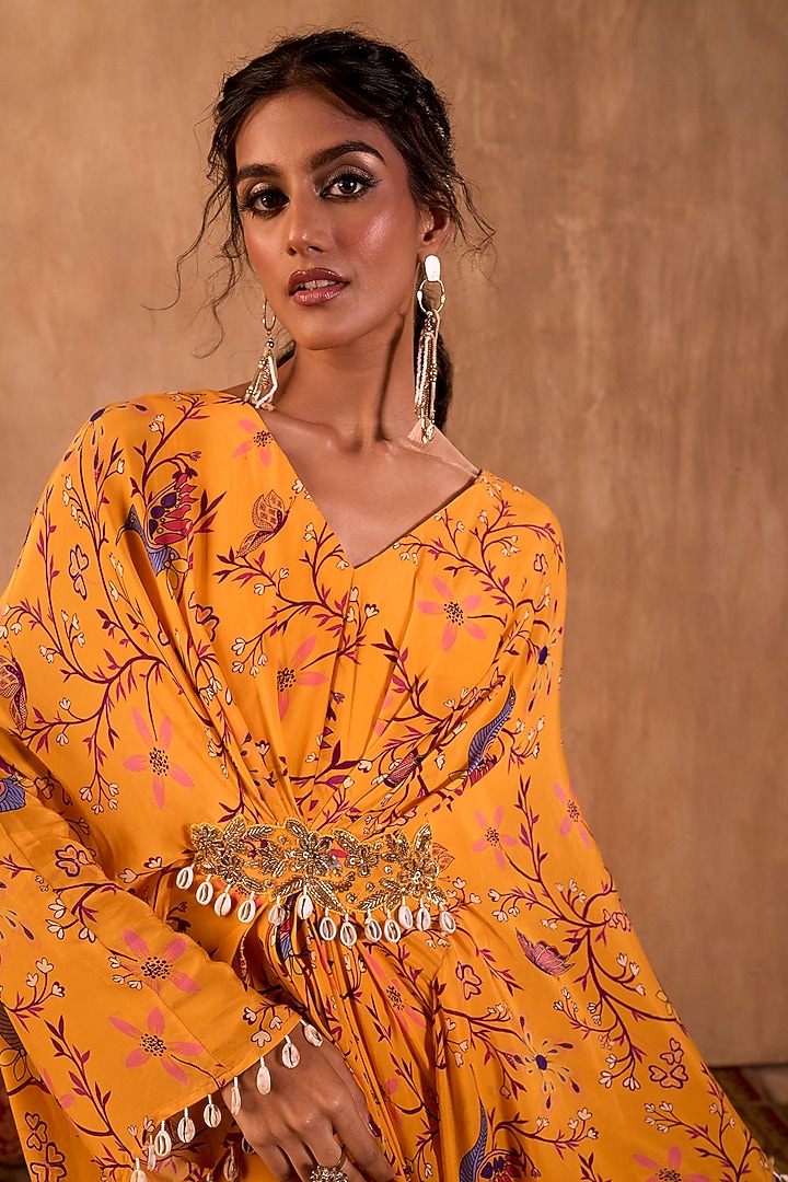 Yellow Crepe Floral Printed Draped Kaftan by Mehak Murpana at Pernia's Pop Up Shop