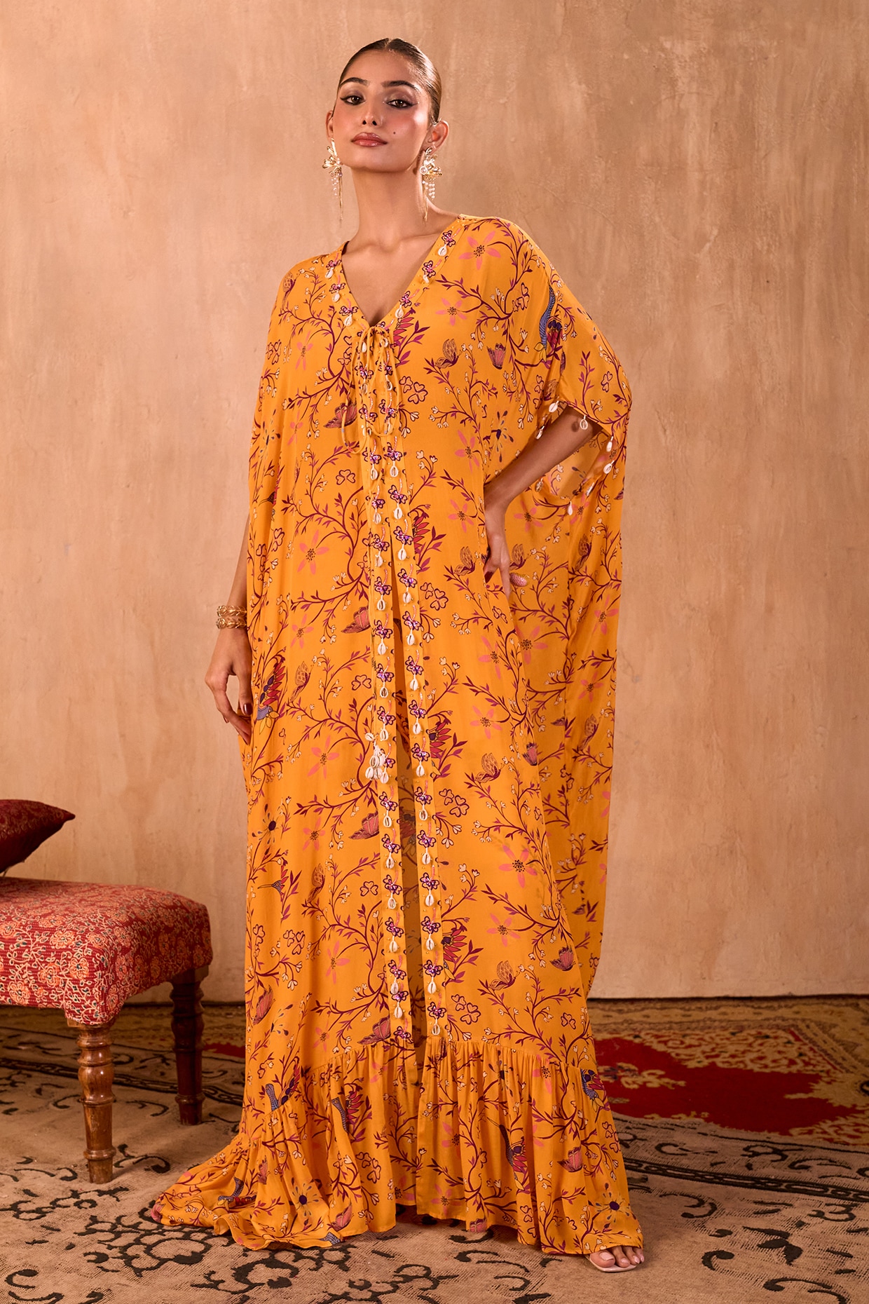 Mehak Murpana Yellow Crepe Floral Printed Kaftan Set