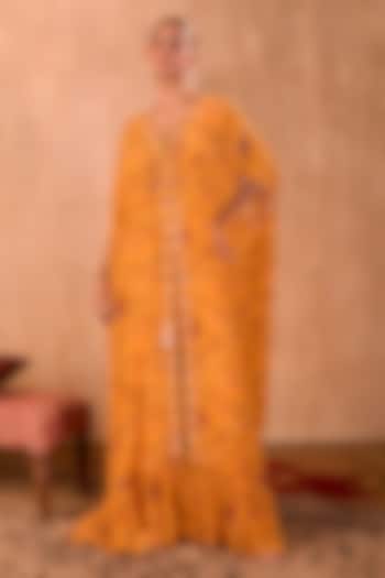 Yellow Crepe Floral Printed Kaftan Set by Mehak Murpana at Pernia's Pop Up Shop