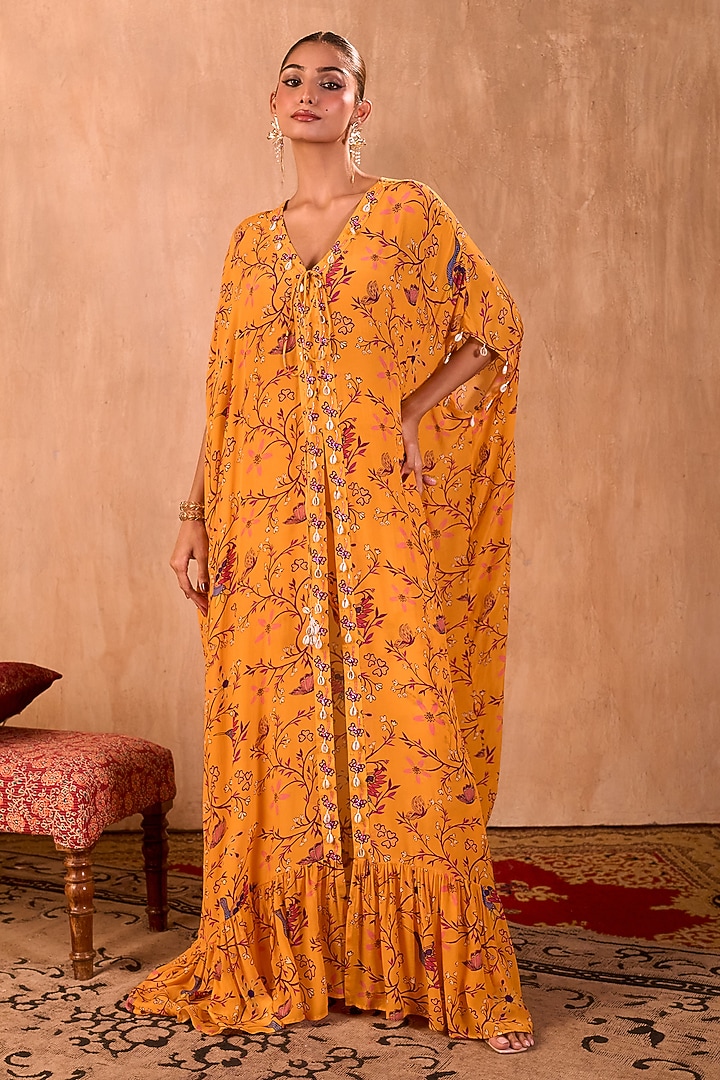 Yellow Crepe Floral Printed Kaftan Set by Mehak Murpana at Pernia's Pop Up Shop