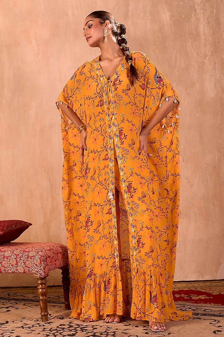 Yellow Crepe Floral Printed Kaftan Set by Mehak Murpana at Pernia's Pop Up Shop