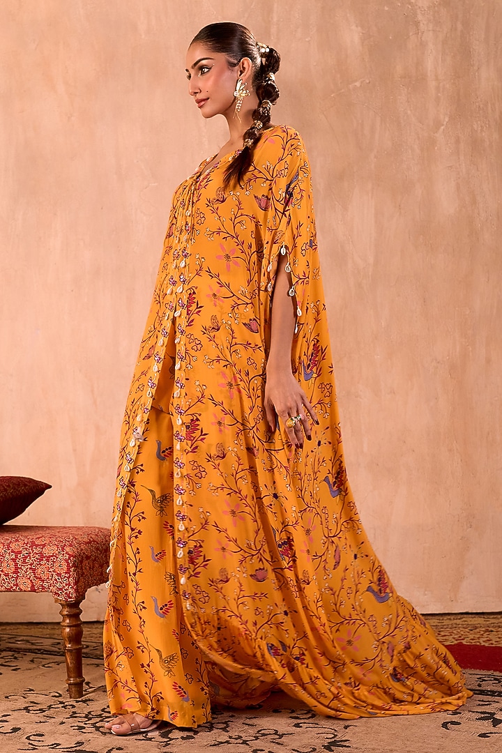 Yellow Crepe Floral Printed Kaftan Set by Mehak Murpana at Pernia's Pop Up Shop