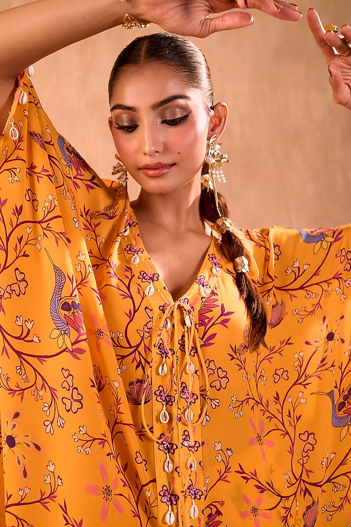 Yellow Crepe Floral Printed Kaftan Set by Mehak Murpana at Pernia's Pop Up Shop