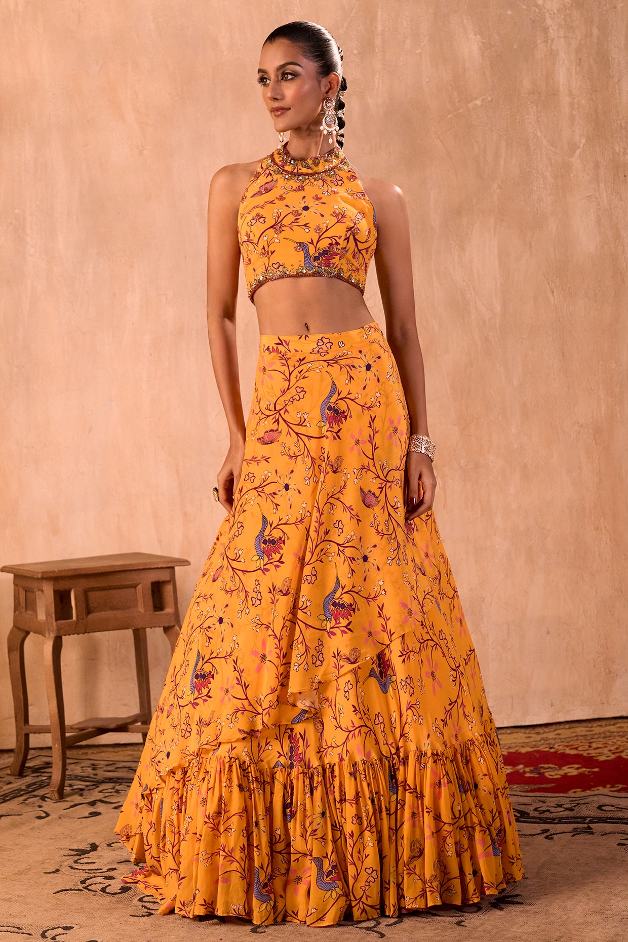 Mehak Murpana Yellow Crepe Floral Printed Layered Lehenga Set
