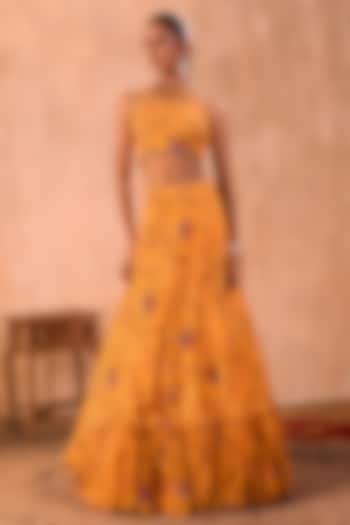 Yellow Crepe Floral Printed Layered Wedding Lehenga Set by Mehak Murpana at Pernia's Pop Up Shop