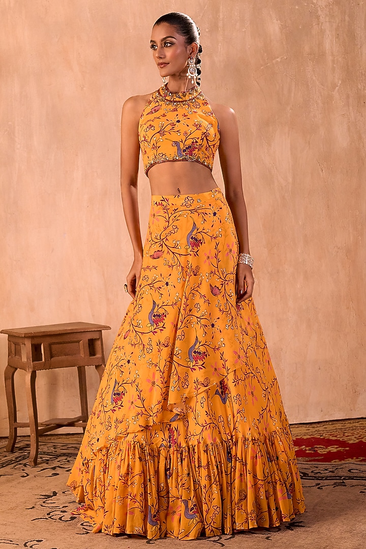 Yellow Crepe Floral Printed Layered Wedding Lehenga Set by Mehak Murpana at Pernia's Pop Up Shop