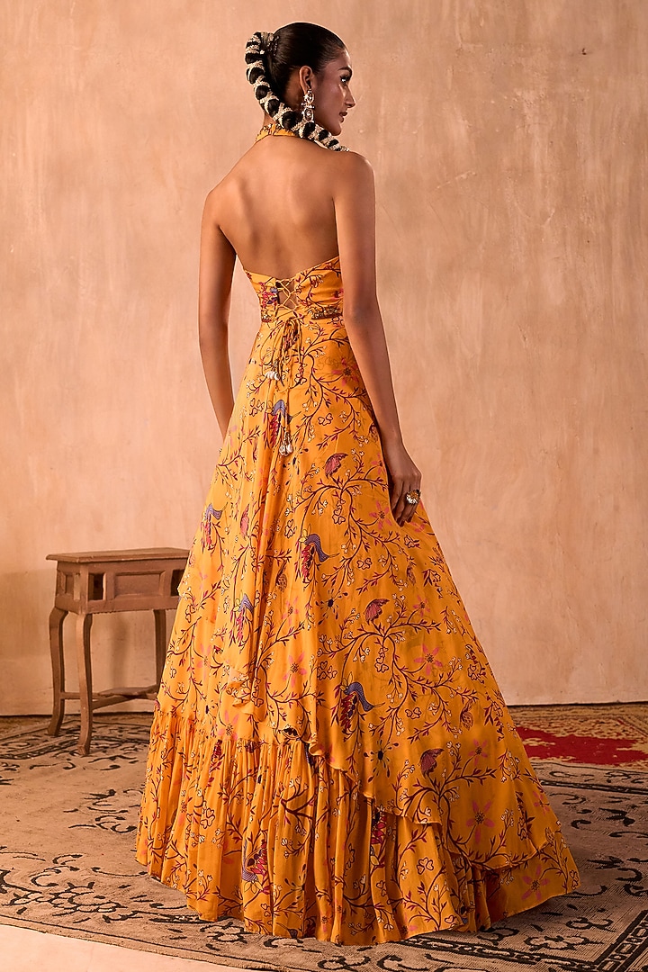 Yellow Crepe Floral Printed Layered Wedding Lehenga Set by Mehak Murpana at Pernia's Pop Up Shop
