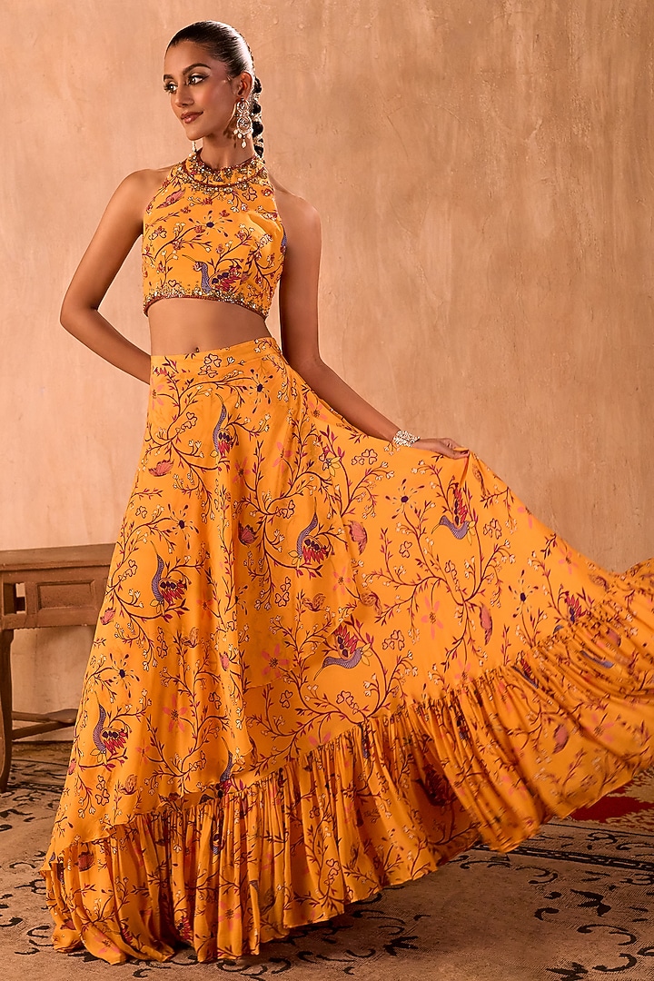 Yellow Crepe Floral Printed Layered Wedding Lehenga Set by Mehak Murpana at Pernia's Pop Up Shop