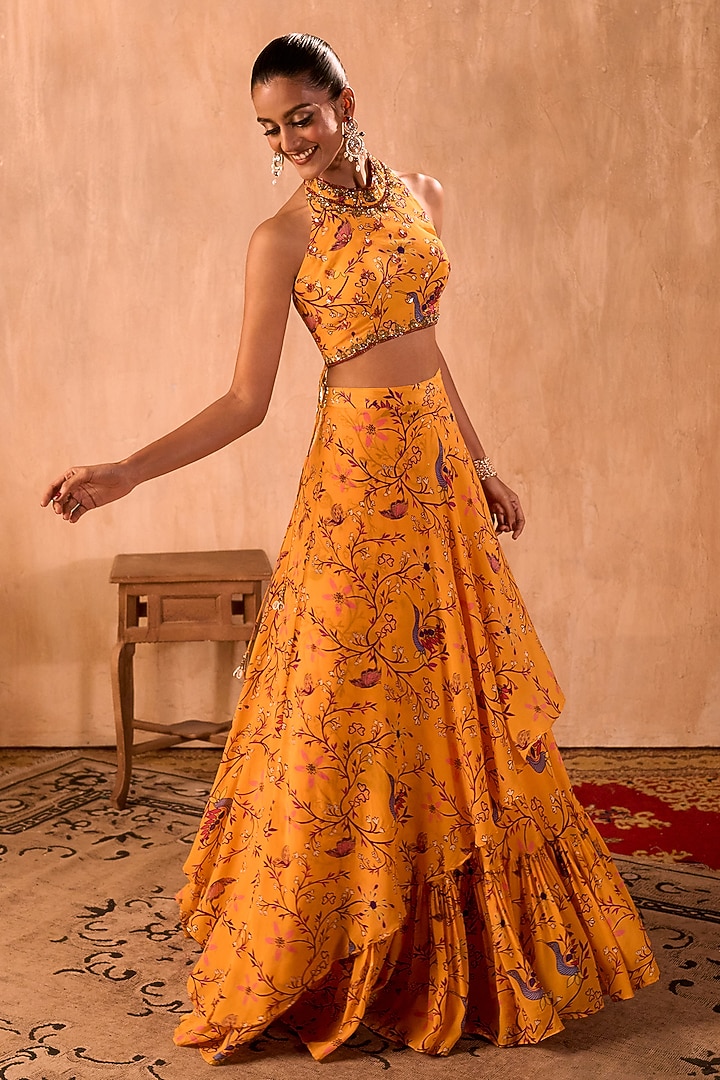Yellow Crepe Floral Printed Layered Wedding Lehenga Set by Mehak Murpana at Pernia's Pop Up Shop