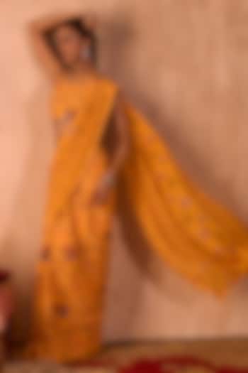 Yellow Crepe Floral Printed Pre-Draped Wedding Saree Set by Mehak Murpana at Pernia's Pop Up Shop