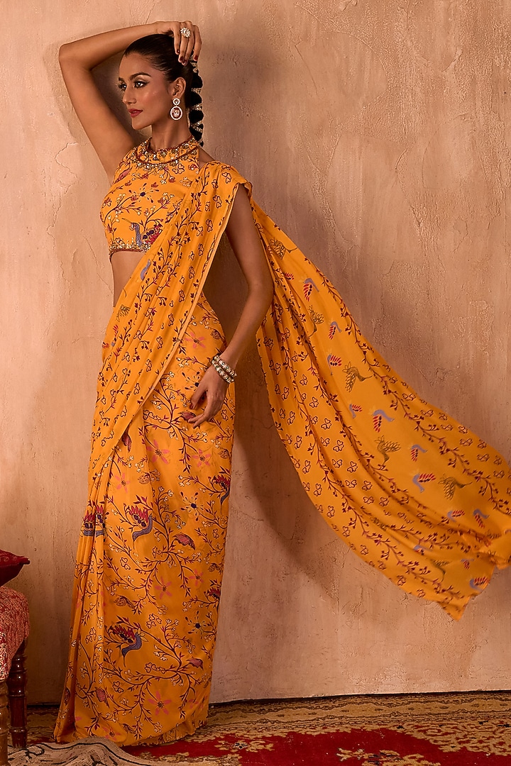 Yellow Crepe Floral Printed Pre-Draped Wedding Saree Set by Mehak Murpana at Pernia's Pop Up Shop