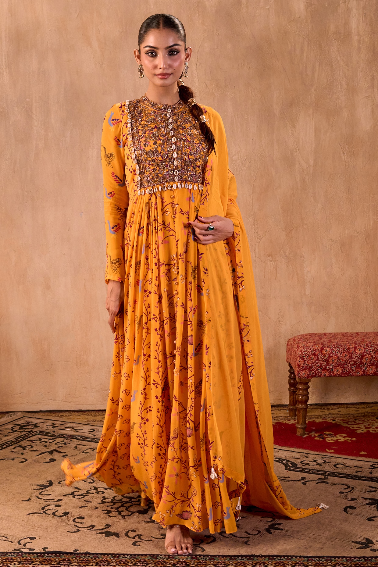 Mehak Murpana Yellow Crepe Geometric Printed Anarkali Set