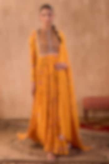 Yellow Crepe Geometric Printed Wedding Anarkali Set by Mehak Murpana at Pernia's Pop Up Shop