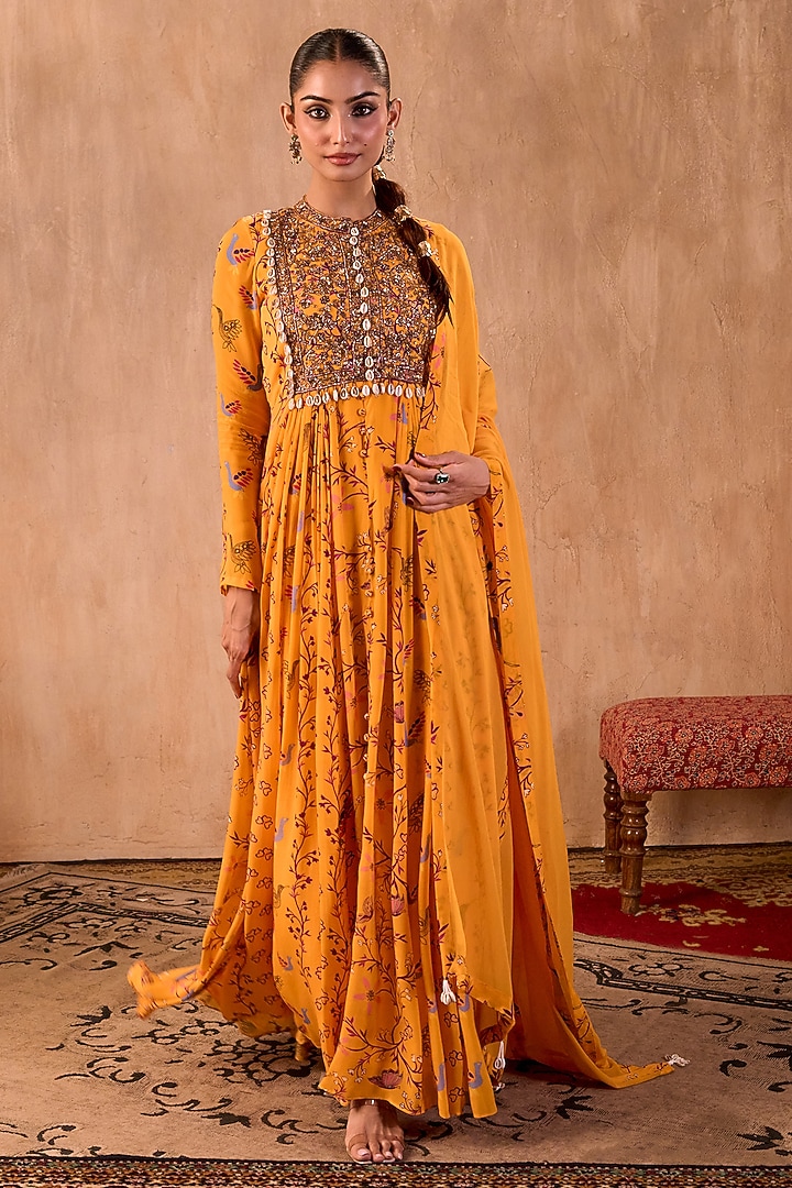Yellow Crepe Geometric Printed Wedding Anarkali Set by Mehak Murpana at Pernia's Pop Up Shop