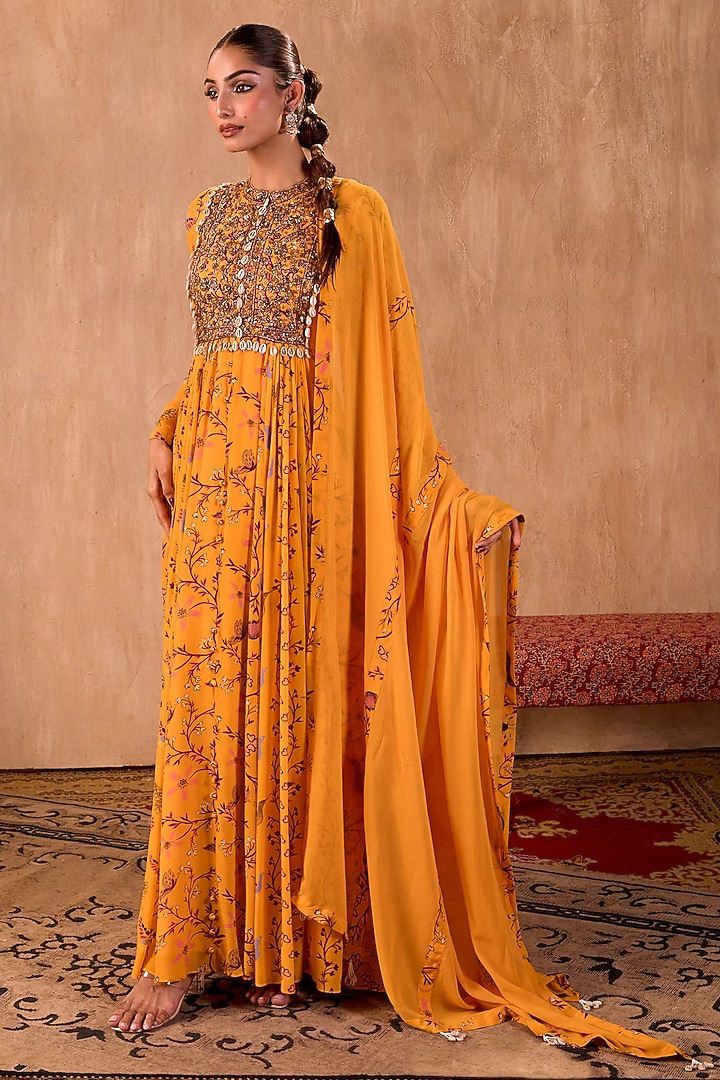 Yellow Crepe Geometric Printed Wedding Anarkali Set by Mehak Murpana at Pernia's Pop Up Shop