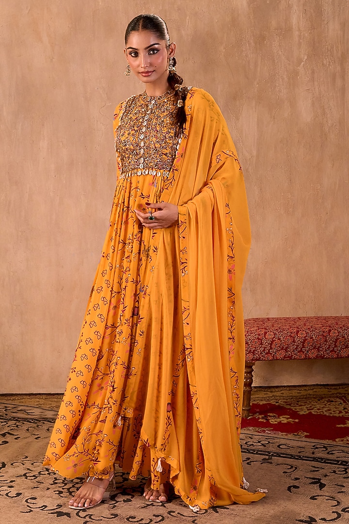Yellow Crepe Geometric Printed Wedding Anarkali Set by Mehak Murpana at Pernia's Pop Up Shop