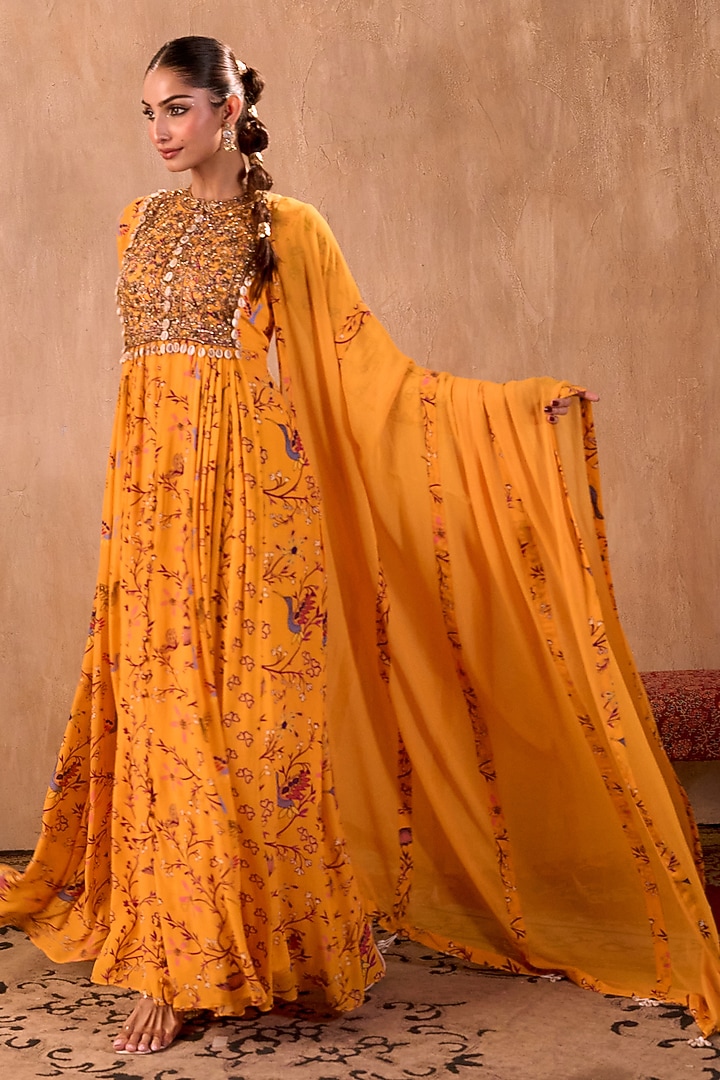 Yellow Crepe Geometric Printed Wedding Anarkali Set by Mehak Murpana at Pernia's Pop Up Shop