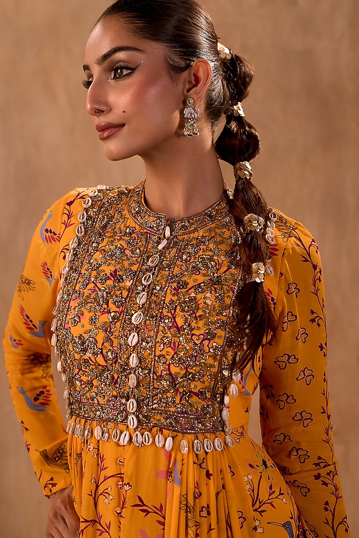 Yellow Crepe Geometric Printed Wedding Anarkali Set by Mehak Murpana at Pernia's Pop Up Shop