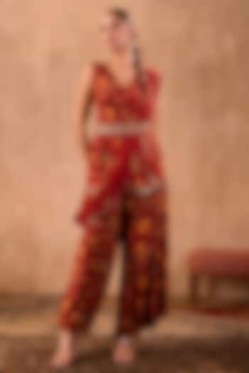 Red Crepe Floral Printed Draped Pant Party Wear Saree Set by Mehak Murpana at Pernia's Pop Up Shop