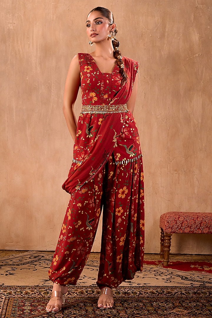 Red Crepe Floral Printed Draped Pant Party Wear Saree Set by Mehak Murpana at Pernia's Pop Up Shop
