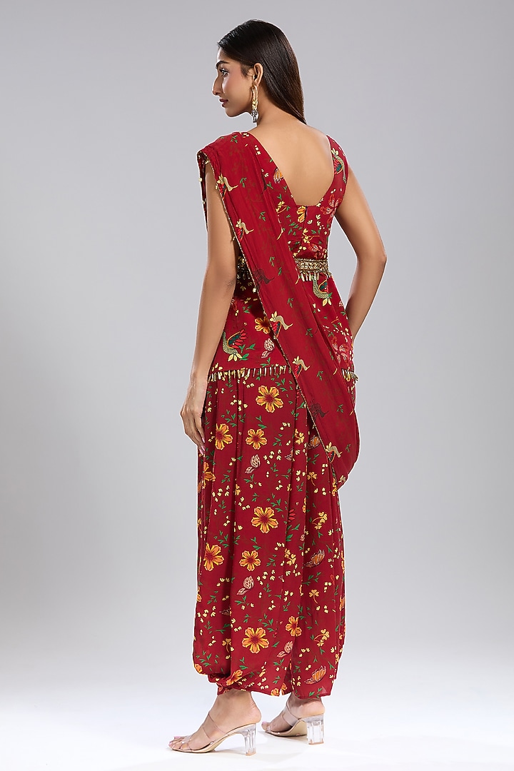 Red Crepe Floral Printed Draped Pant Party Wear Saree Set by Mehak Murpana at Pernia's Pop Up Shop