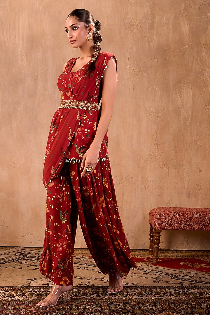 Red Crepe Floral Printed Draped Pant Party Wear Saree Set by Mehak Murpana at Pernia's Pop Up Shop