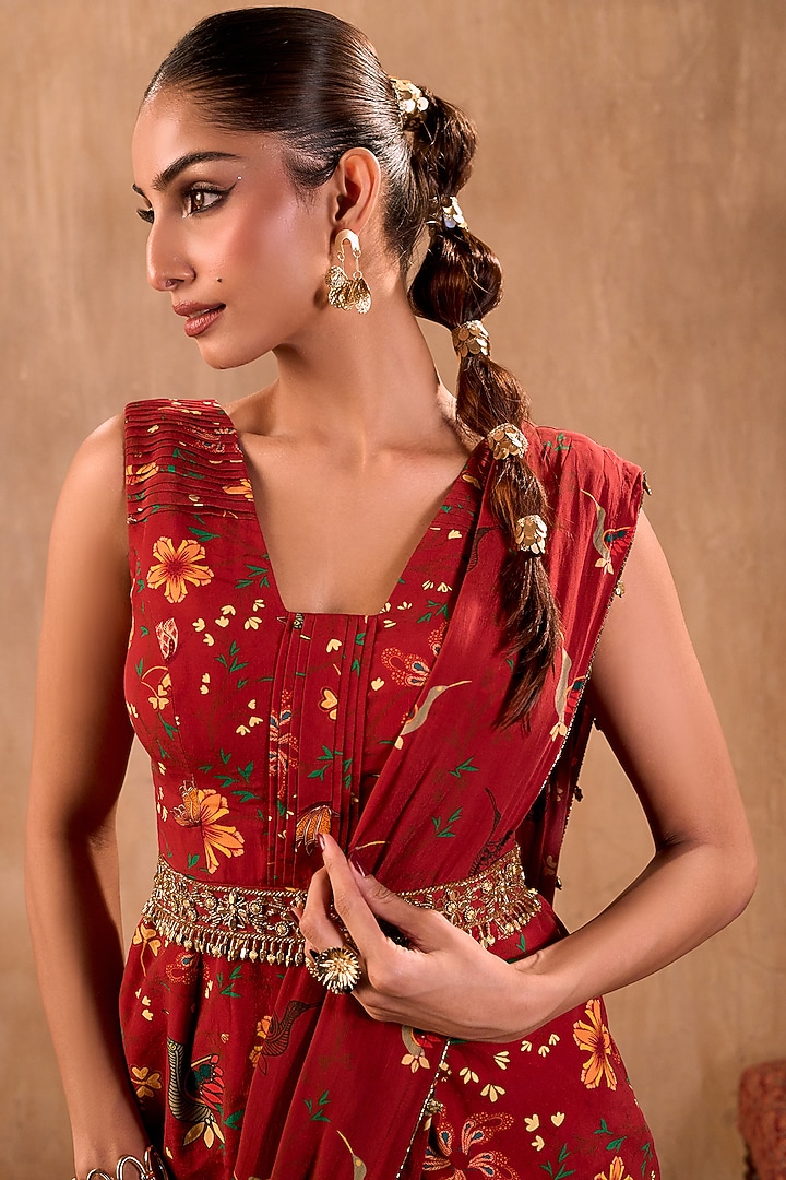 Red Crepe Floral Printed Draped Pant Party Wear Saree Set by Mehak Murpana at Pernia's Pop Up Shop