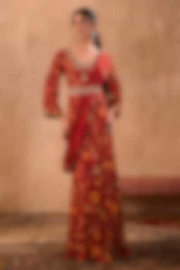 Red Crepe Floral Printed Party Wear Anarkali Set by Mehak Murpana at Pernia's Pop Up Shop