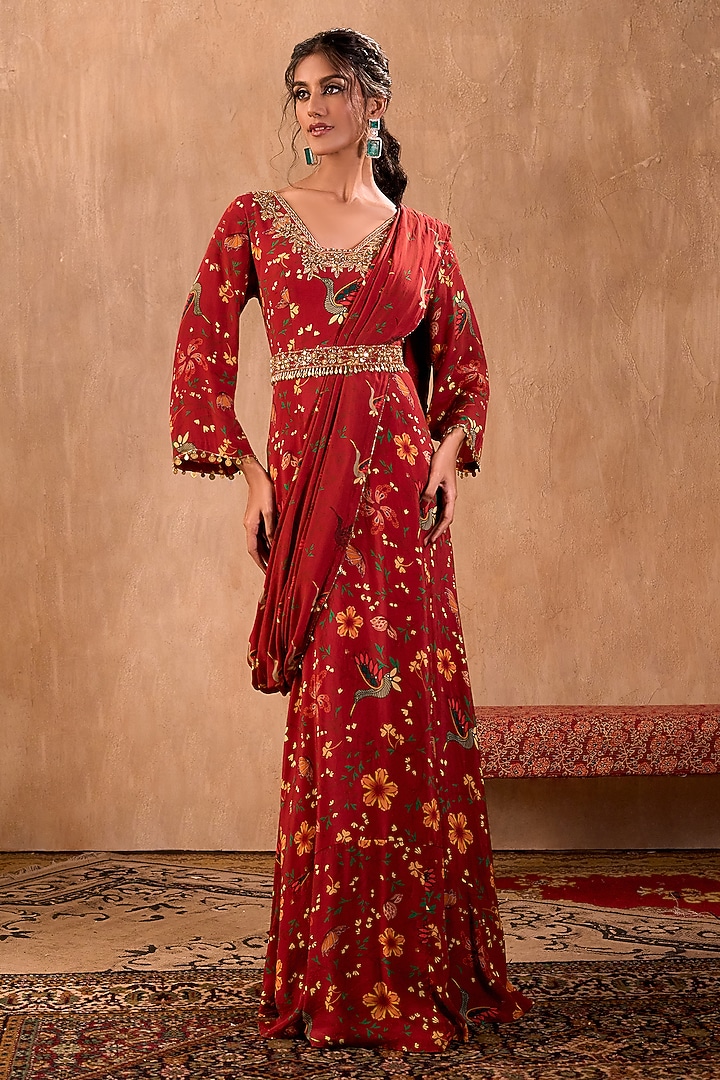 Red Crepe Floral Printed Party Wear Anarkali Set by Mehak Murpana at Pernia's Pop Up Shop