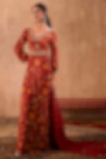 Red Crepe Floral Printed Party Wear Anarkali Set by Mehak Murpana at Pernia's Pop Up Shop
