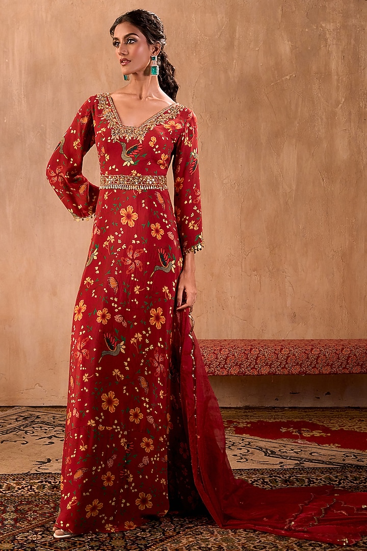 Red Crepe Floral Printed Party Wear Anarkali Set by Mehak Murpana at Pernia's Pop Up Shop