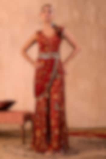 Red Crepe Floral Printed Jumpsuit With Dupatta by Mehak Murpana at Pernia's Pop Up Shop