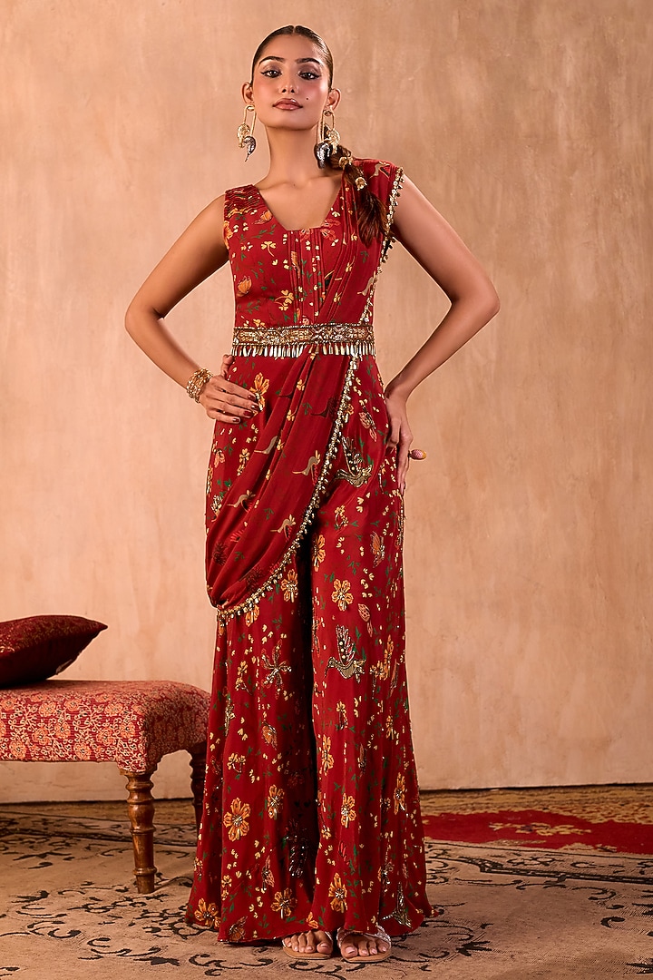 Red Crepe Floral Printed Jumpsuit With Dupatta by Mehak Murpana at Pernia's Pop Up Shop