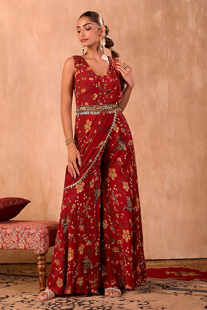 Red Crepe Floral Printed Jumpsuit With Dupatta by Mehak Murpana at Pernia's Pop Up Shop