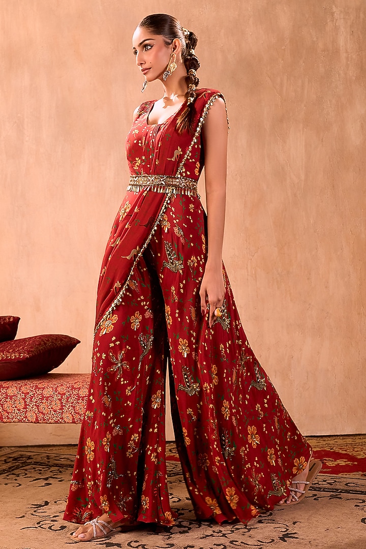 Red Crepe Floral Printed Jumpsuit With Dupatta by Mehak Murpana at Pernia's Pop Up Shop