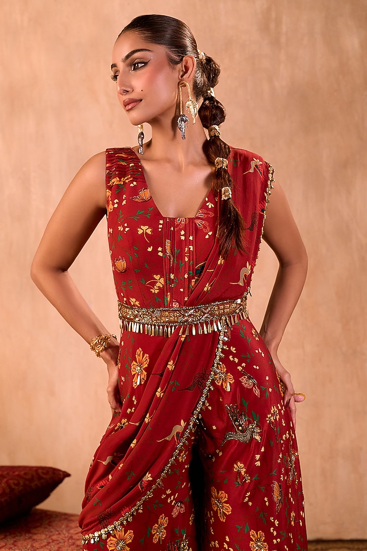 Red Crepe Floral Printed Jumpsuit With Dupatta by Mehak Murpana at Pernia's Pop Up Shop