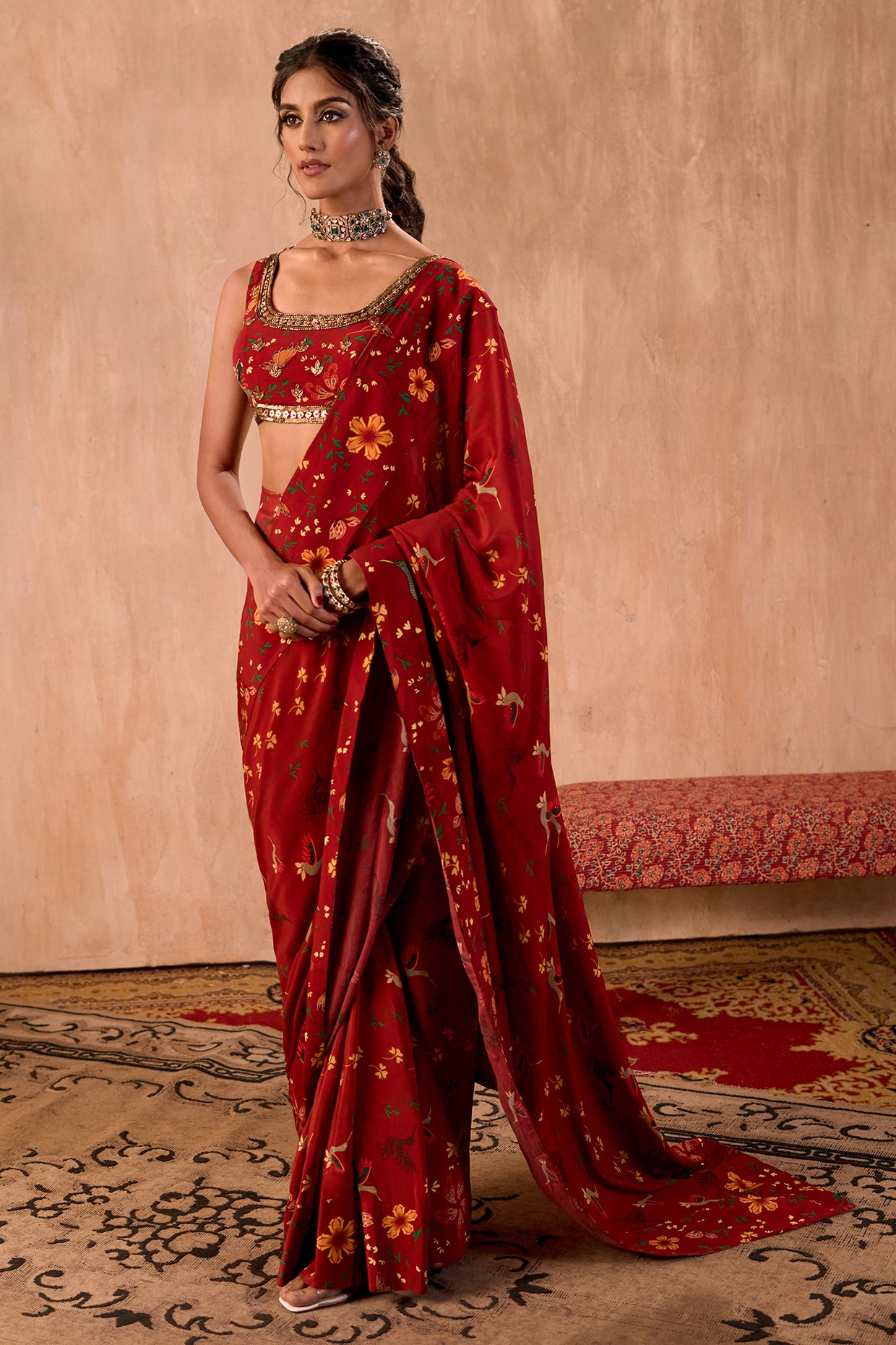 Mehak Murpana Red Crepe Floral Printed Pre-Draped Saree Set