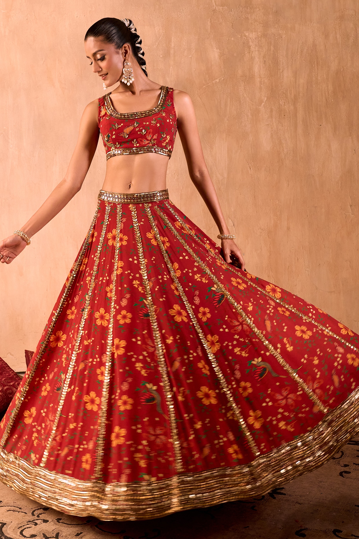 Mehak Murpana Red Crepe Floral Printed Lehenga Set
