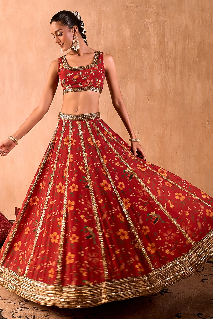 Red Crepe Floral Printed Wedding Lehenga Set by Mehak Murpana at Pernia's Pop Up Shop
