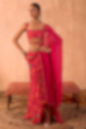 Pink Crepe Floral Printed Draped Skirt Set by Mehak Murpana at Pernia's Pop Up Shop