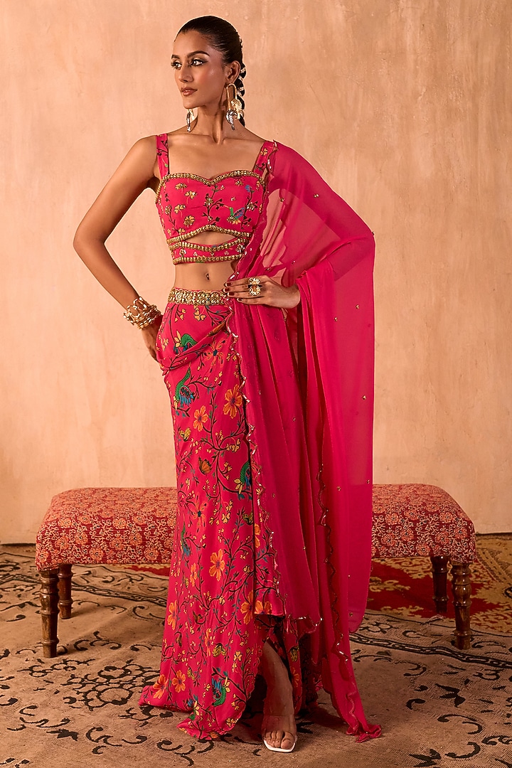 Pink Crepe Floral Printed Draped Skirt Set by Mehak Murpana at Pernia's Pop Up Shop