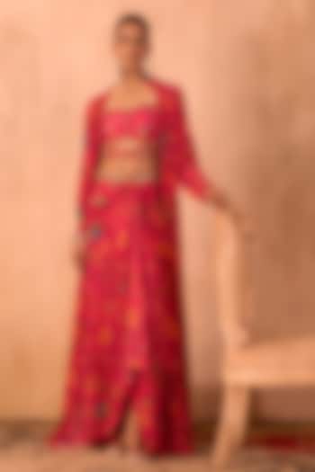 Pink Crepe Floral Printed Draped Skirt Set by Mehak Murpana at Pernia's Pop Up Shop
