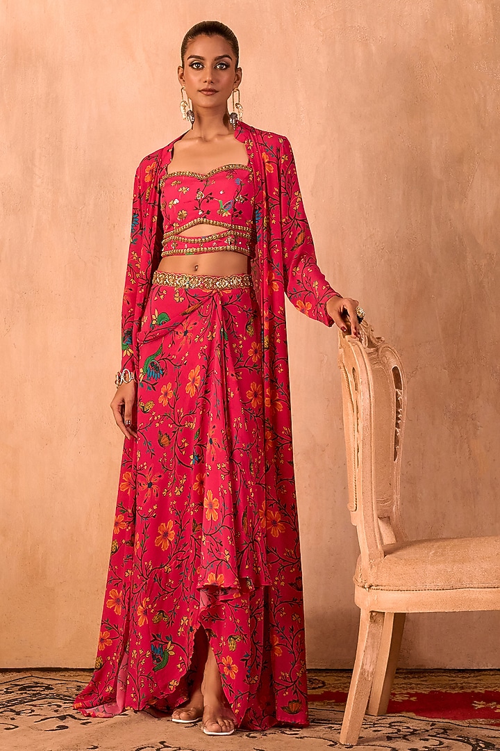 Pink Crepe Floral Printed Draped Skirt Set by Mehak Murpana at Pernia's Pop Up Shop
