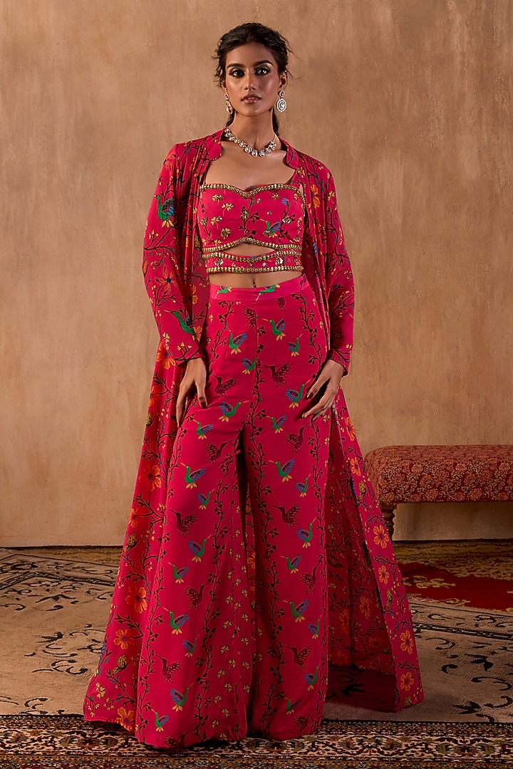 Pink Crepe Floral Printed Jacket Set by Mehak Murpana at Pernia's Pop Up Shop