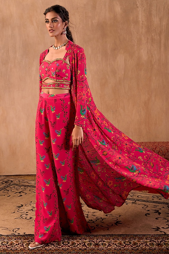 Pink Crepe Floral Printed Jacket Set by Mehak Murpana at Pernia's Pop Up Shop