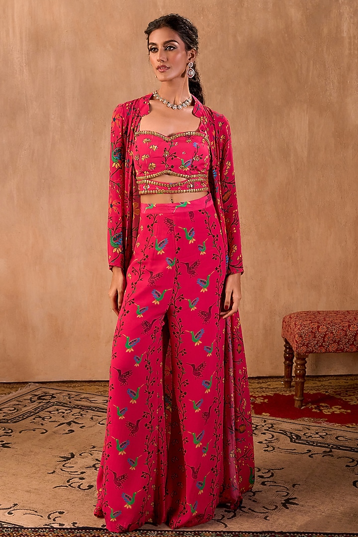 Pink Crepe Floral Printed Jacket Set by Mehak Murpana at Pernia's Pop Up Shop