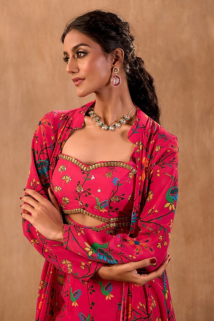 Pink Crepe Floral Printed Jacket Set by Mehak Murpana at Pernia's Pop Up Shop